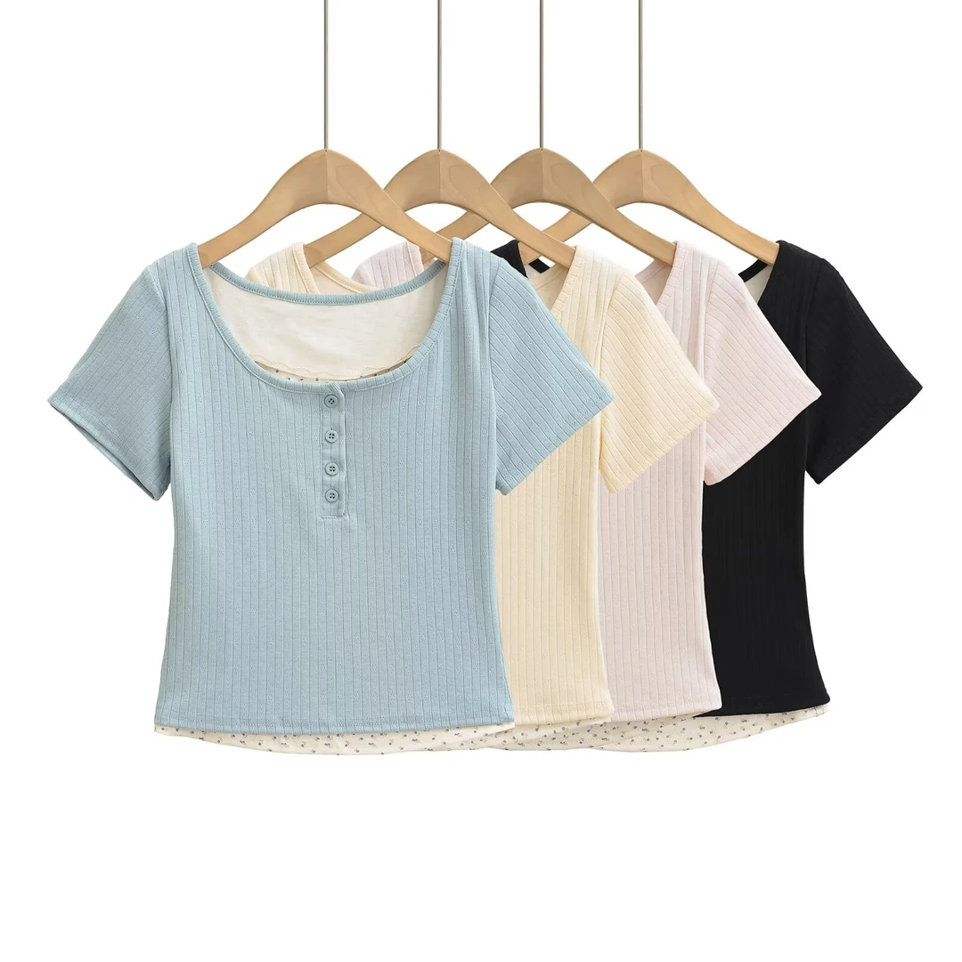 6145 蕾丝花边假两件短袖