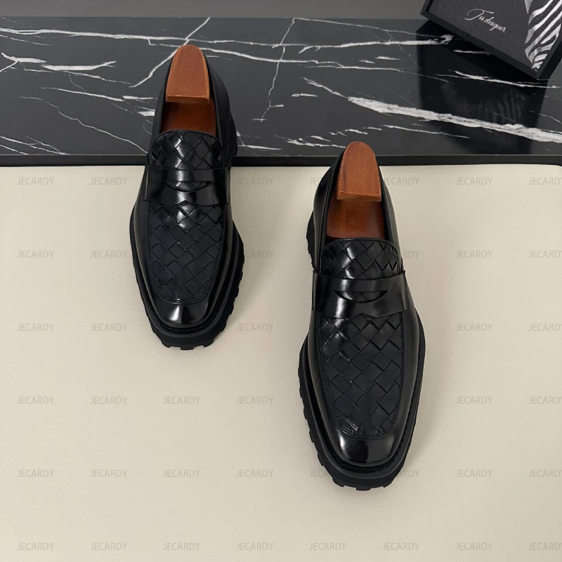春秋新款商务厚底真皮编织款男士乐福鞋英伦欧版正品英伦风皮鞋男