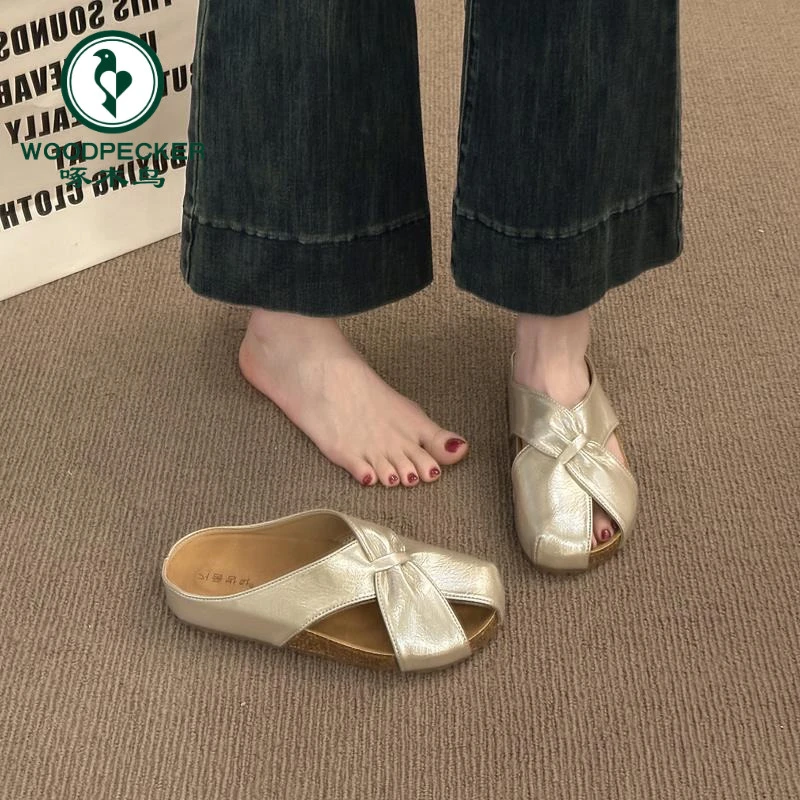 啄木鸟配裙子半拖鞋女夏外穿2025新款厚底一脚蹬懒人包头勃肯凉拖