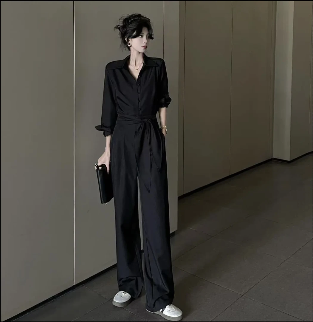 早春穿搭套装2024黑色高级感干练气质衬衫阔腿裤盐系轻熟两件套女