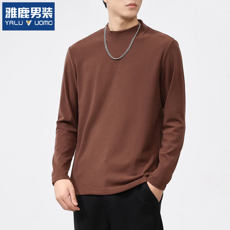 雅鹿德绒打底衫男士圆领内搭宽松秋冬新款加厚保暖半高领长袖t恤