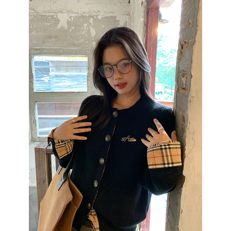 【秋秋清仓】长袖拼接复古毛衣开衫假两件针织衫2024-320