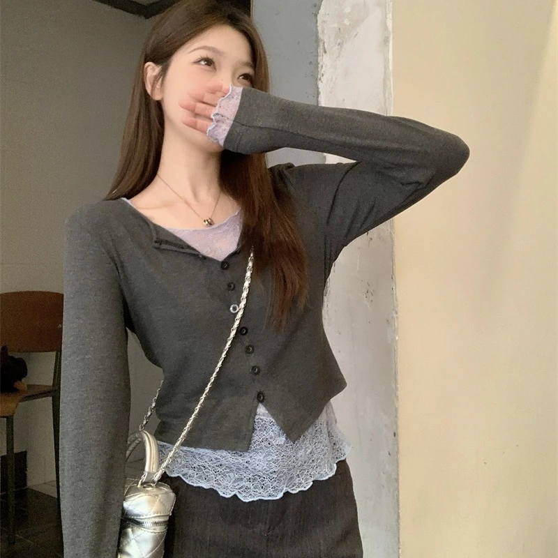 2025春季大码微胖打底衫小众蕾丝拼接假两件针织衫女内搭上衣