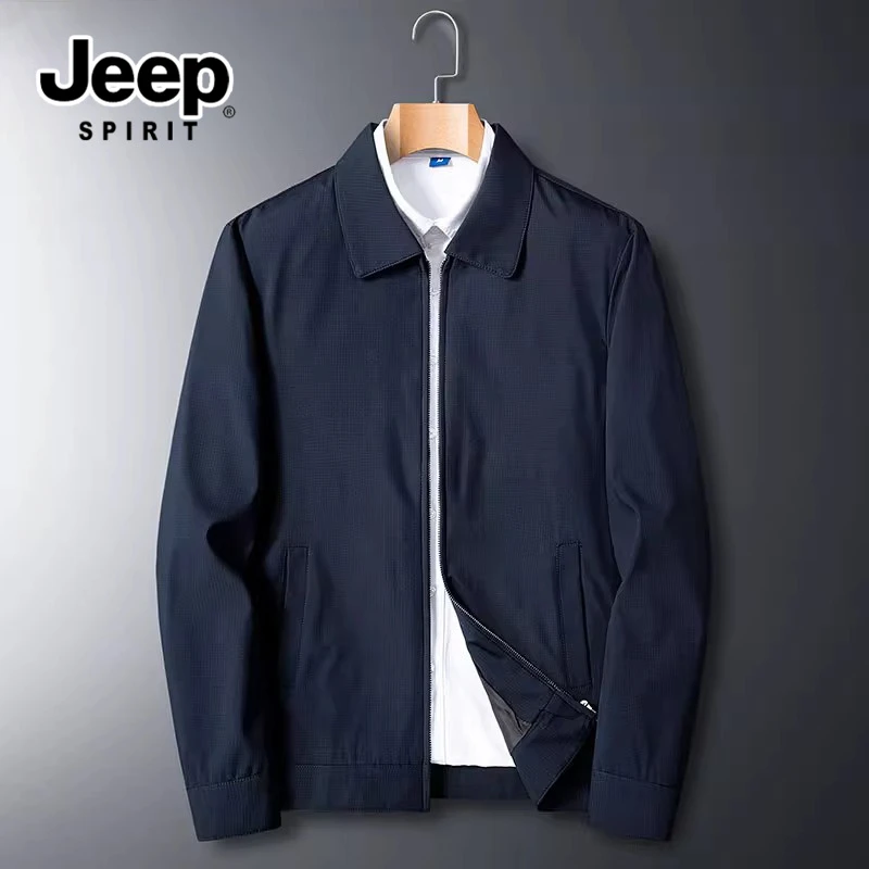 吉普春秋装外套男士简约风夹克衫中青年爸爸商务休闲翻领行政上衣