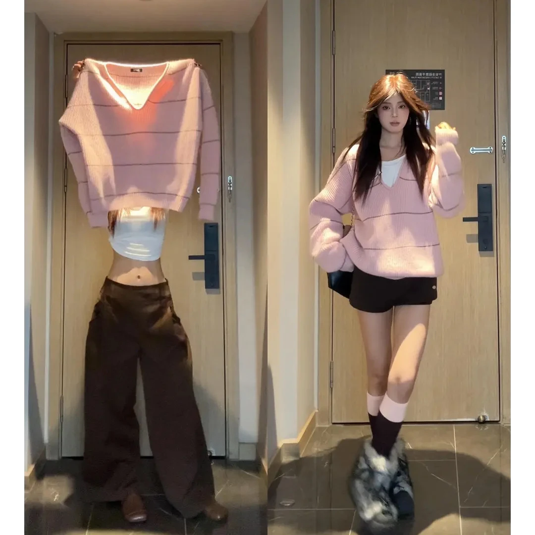 韩系慵懒粉色套头针织女早秋新款宽松减龄显瘦高级感针织毛衣上衣
