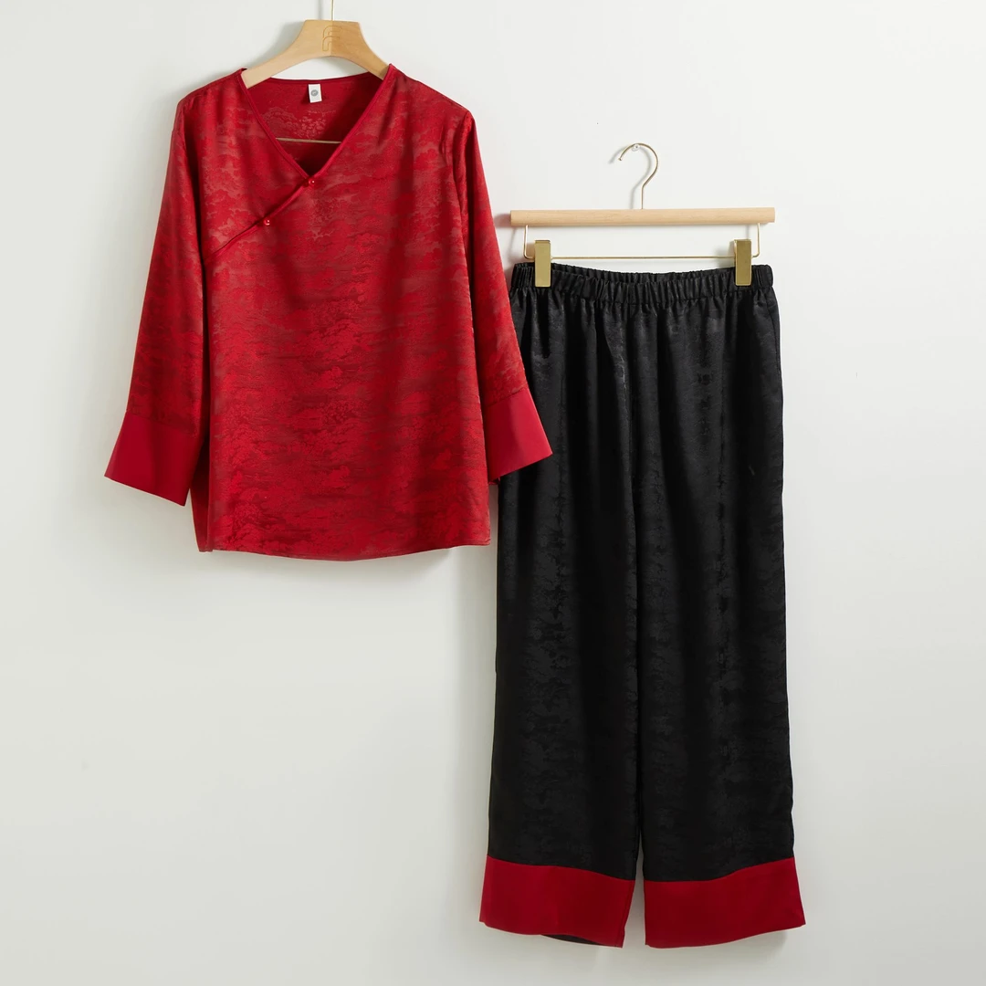 中式休闲短裙女夏季睡衣家居服套装宽松碎花中国风时尚红色提花