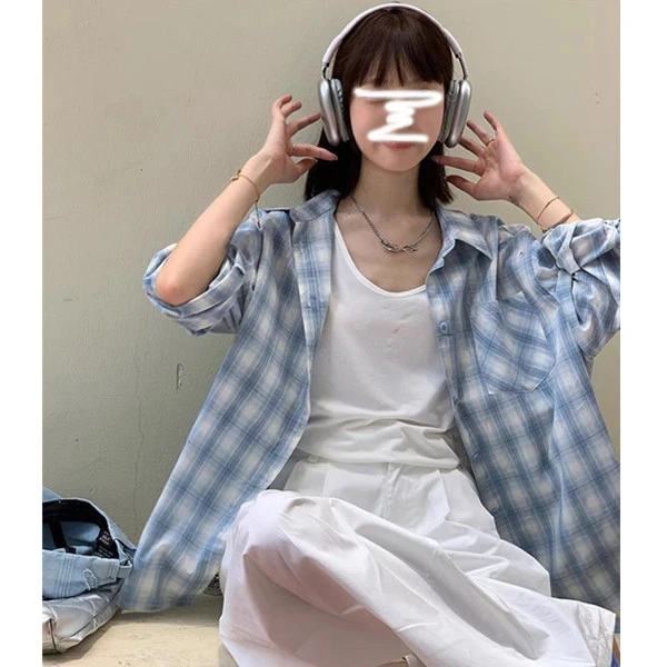 韩系新款蓝白格子衬衫外套女春夏薄款韩版宽松百搭长袖叠穿衬衣男