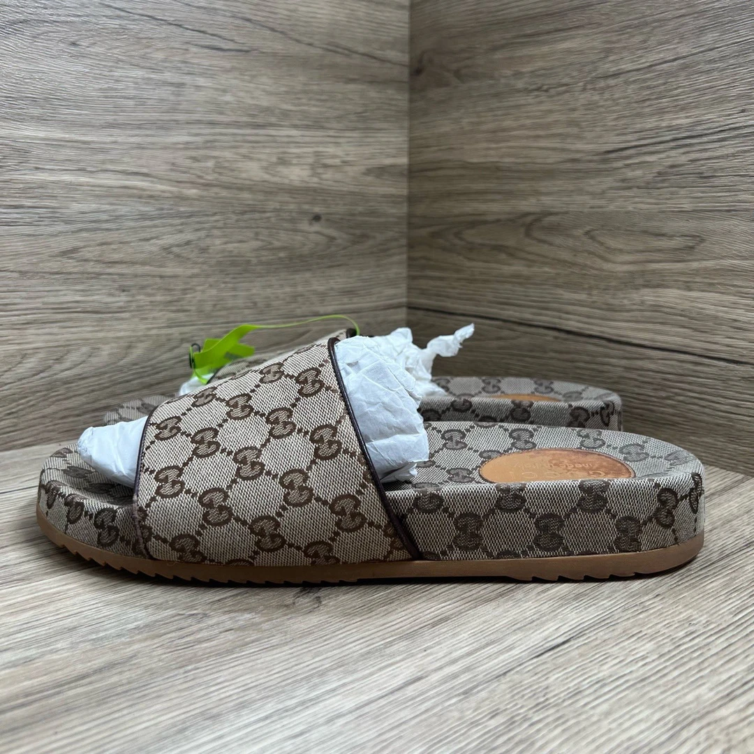 90新 GUCCI/古驰 棕色满字拖鞋 45码/9新/无配件