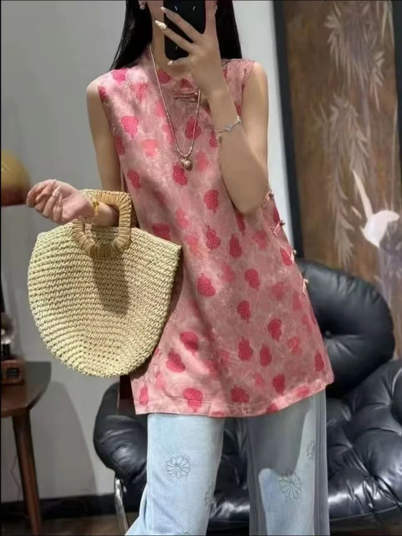 【伊一】粉色奥戴-新中式葫芦香云纱提花桑蚕丝立领斜襟上衣