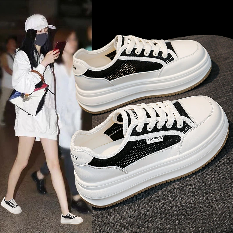 厚底松糕2025夏季新款小白鞋透气网面板鞋学生百搭韩版运动女鞋