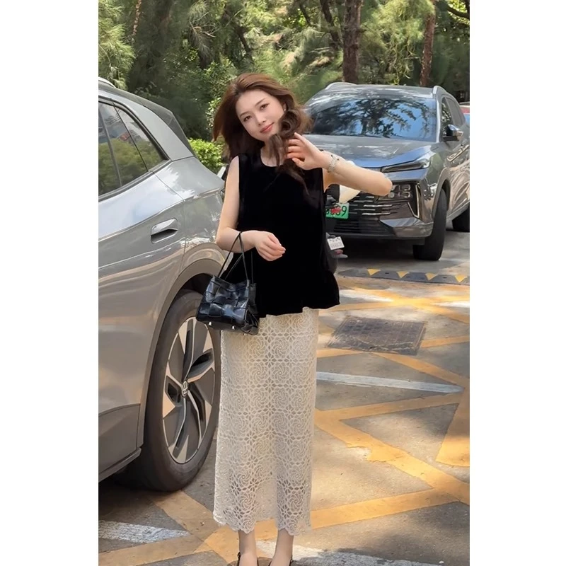 2015新款黑色无袖上衣高腰蕾丝镂空显瘦半身裙两件套装套装