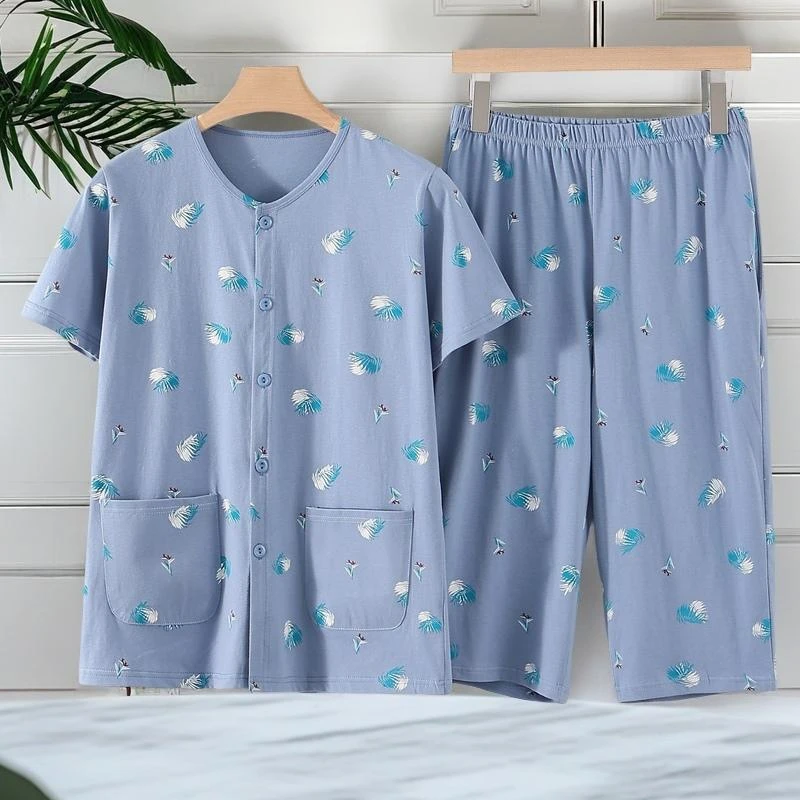 中老年女纯棉短袖七分裤套装妈妈开襟半袖睡衣睡裤胖老太太家居服