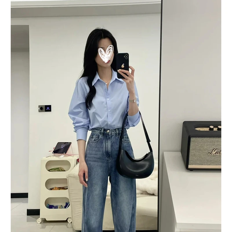 蓝色长袖衬衫女春秋2025年新款爆款气质衬衣别致绝美漂亮小衫上衣