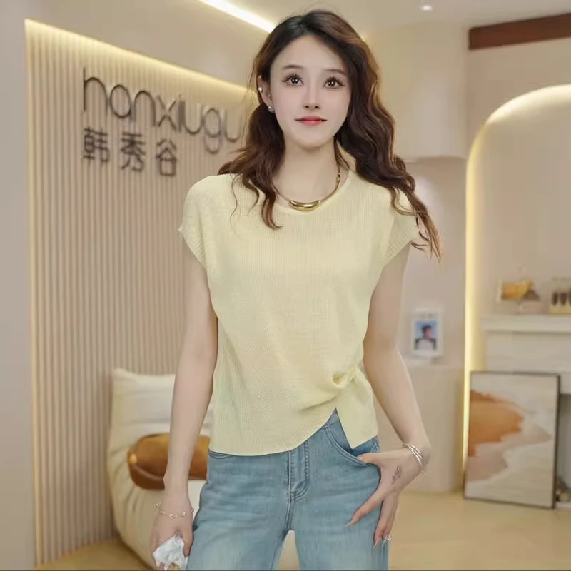 薄款短袖T恤女2025夏季新款洋气宽松显瘦设计感冰丝针织小衫上衣