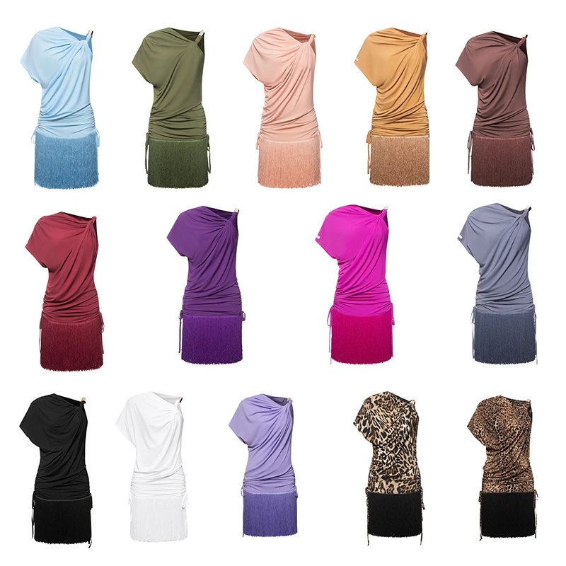 DUYQ006斜领单肩上衣+抽绳流苏半身裙拉丁舞套装，14色可选