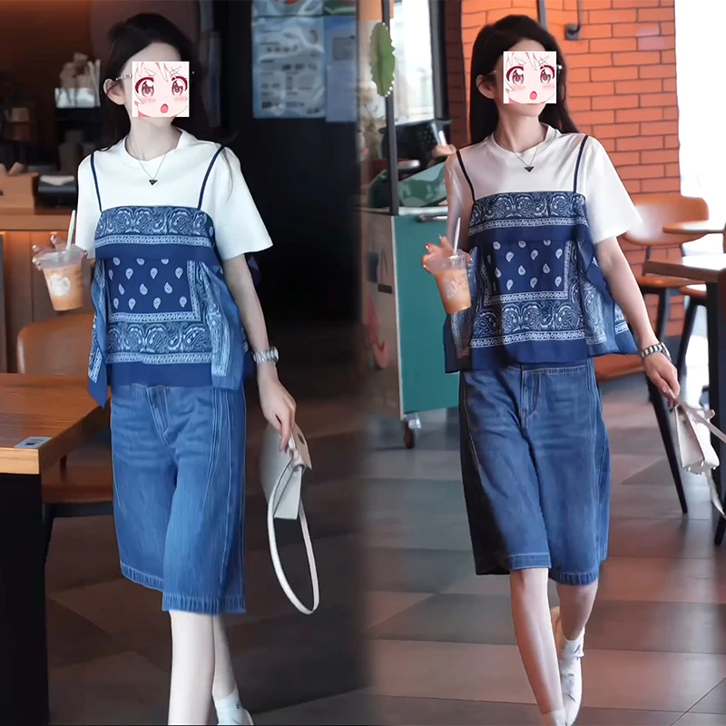 2025年夏季假两件圆领短袖t恤高腰牛仔中裤子松弛感韩版两件套装
