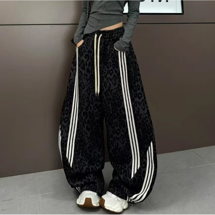 高街潮流2025秋冬女加厚时尚豹纹潮酷拼条设计阔腿裤弯刀裤休闲裤