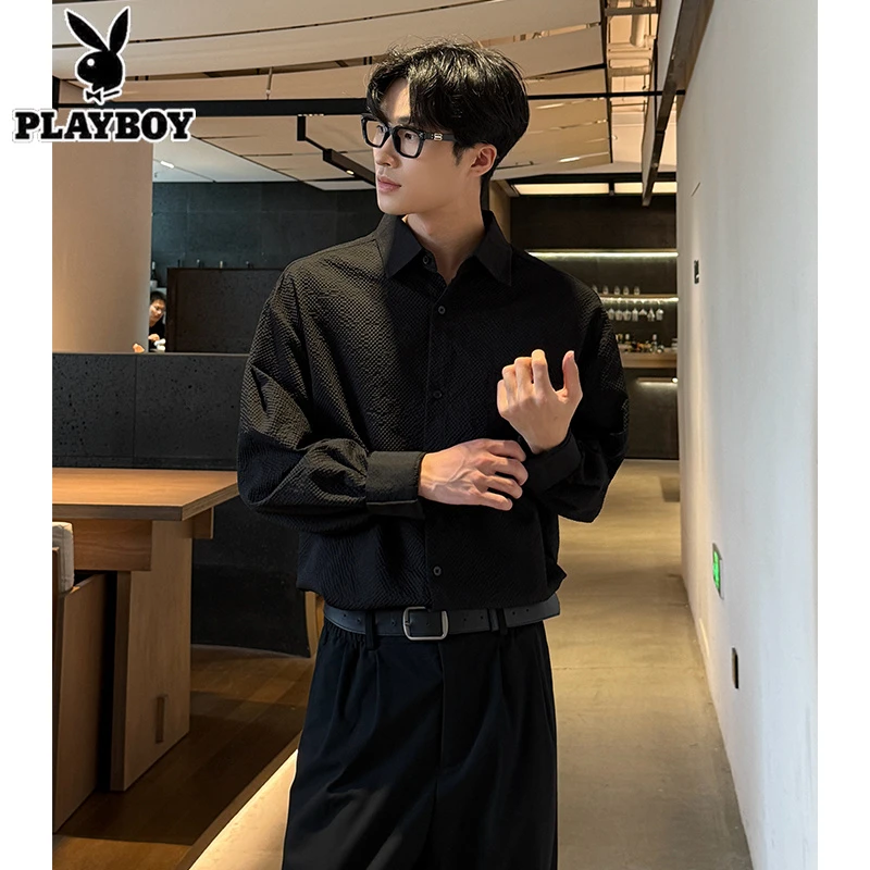 肌理感泡泡纱衬衫男士春秋季高级感韩系穿搭痞帅潮流宽松长袖衬衣