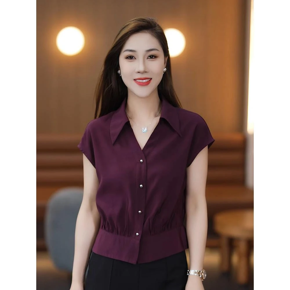 短袖翻领衬衫女夏季2025年新款收腰洋气小衫减龄时尚短款女士上衣