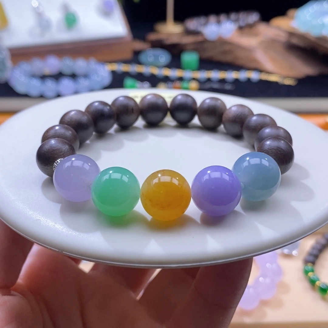 颈饰未镶嵌翡翠浓彩五福珠卡12+