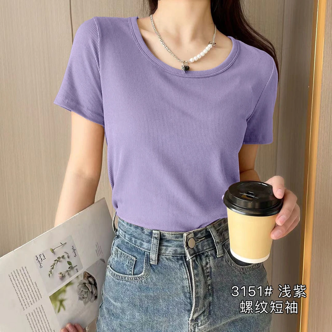 女款螺纹棉百搭短袖显瘦修身洋气夏季圆领大码时尚设计感短款薄款