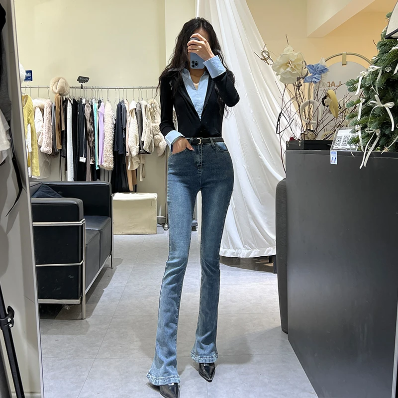 裤长111cm 高腰牛仔马蹄裤女高腰显瘦秋冬加长高个子辣妹喇叭裤子