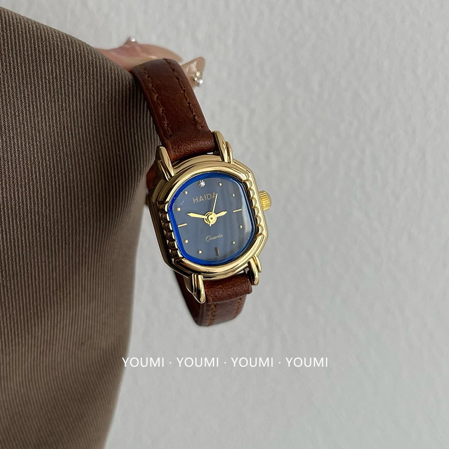 YOUMI 棕金色真皮小表盘克莱因蓝女士小众轻奢小巧精致石英手表女