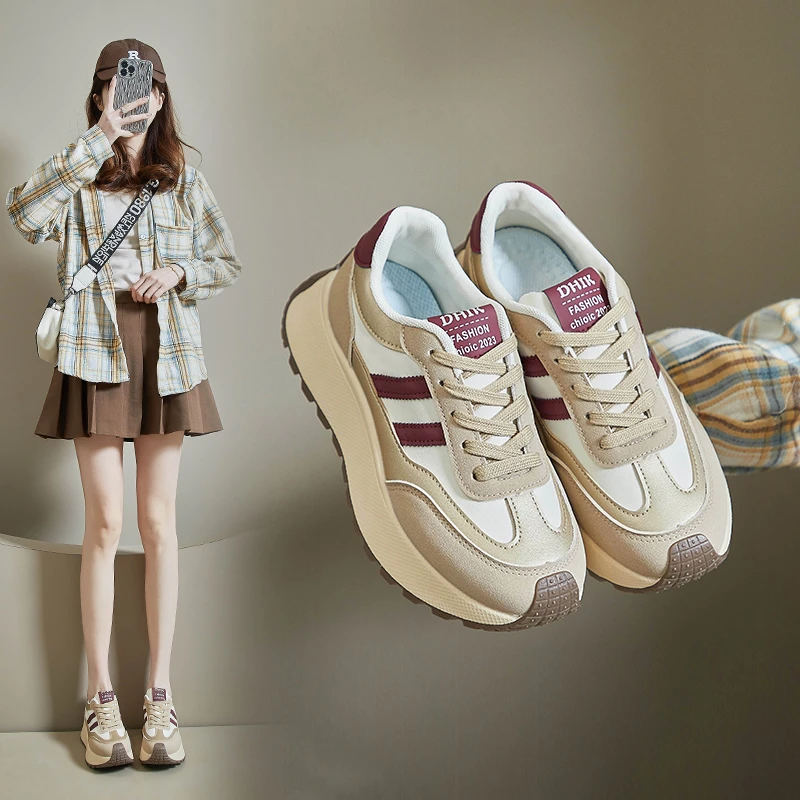 踩屎感华夫小蛮腰阿甘鞋女2025新款爆款厚底百搭真皮老爹休闲鞋