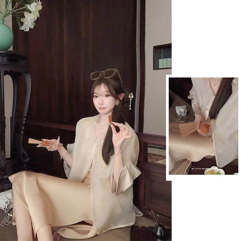 【 小玉兰】流光金枝夏梦沉沉重工缎花绣新中式吊带裙+外套两件套