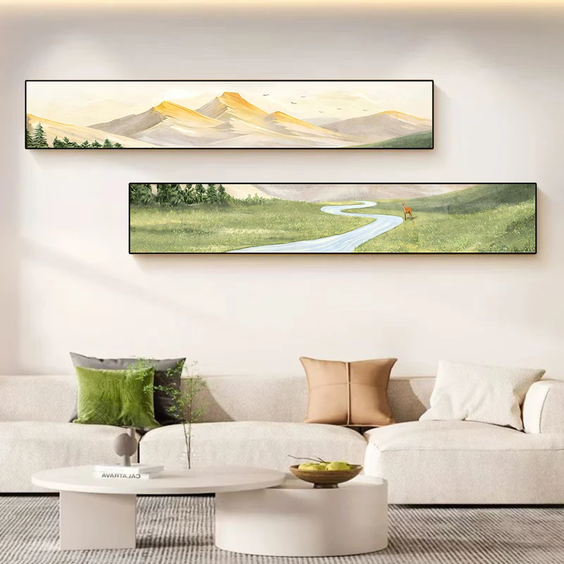 现轻奢客厅装饰画上下双联高档气山水画窄长条沙背景挂画20150*2