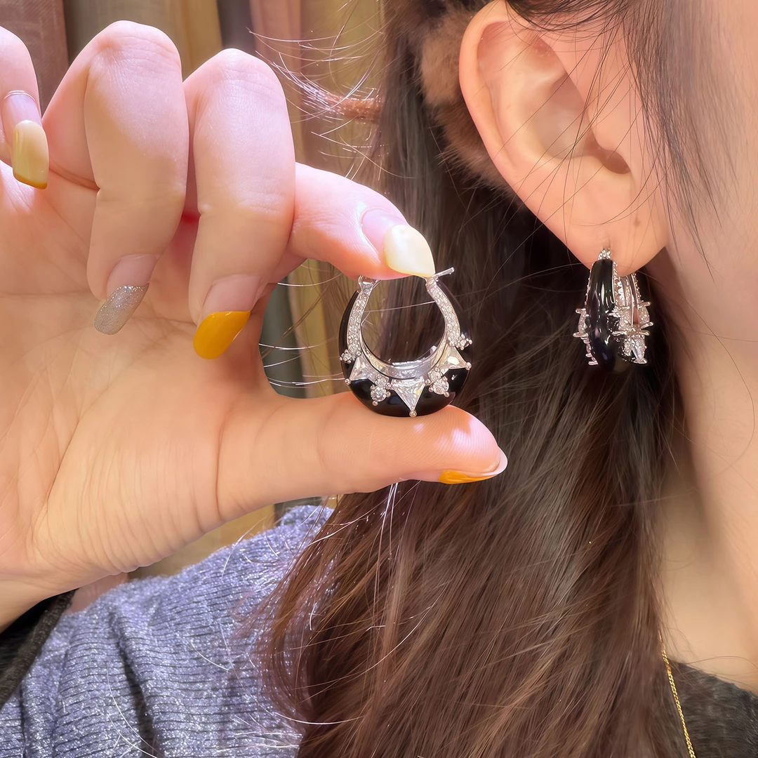 铜合金锆石耳饰 镶钻滴油篮子圈圈耳扣女精致百搭高级感耳环