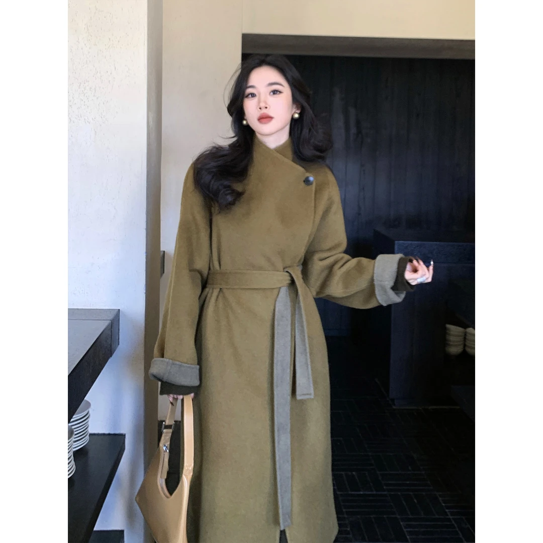 【安然度】SYT自制 时尚高级感纯绵羊毛大气长款绑带双面大衣外套