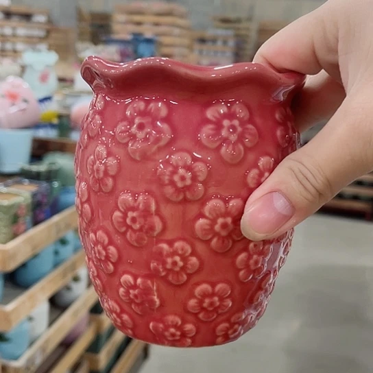 红陶陶瓷花盆带冰裂效果