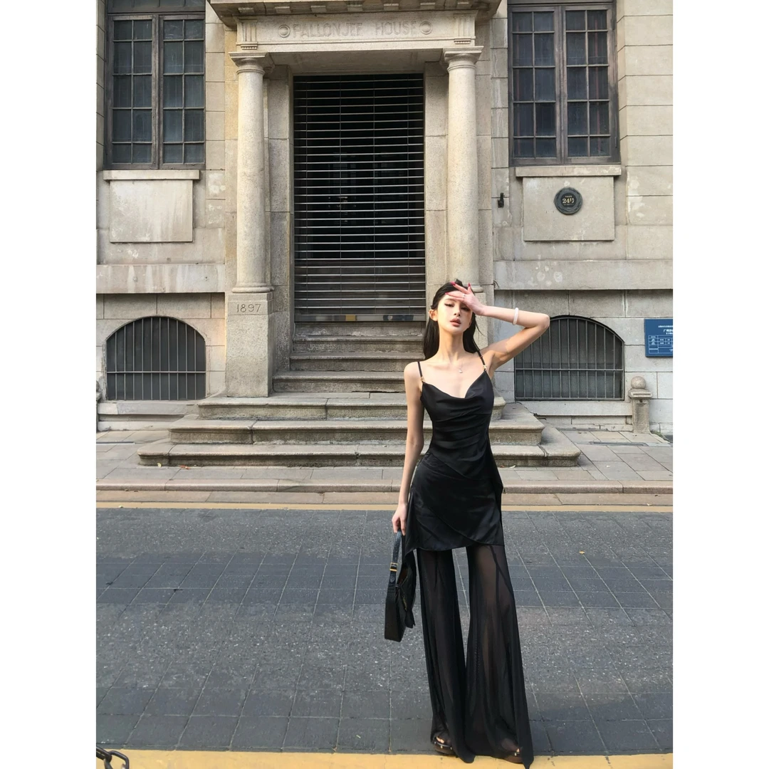 【肖邦夜曲】重工辣妹吊带背心上衣女丝带网纱阔腿裤高级感御姐套装