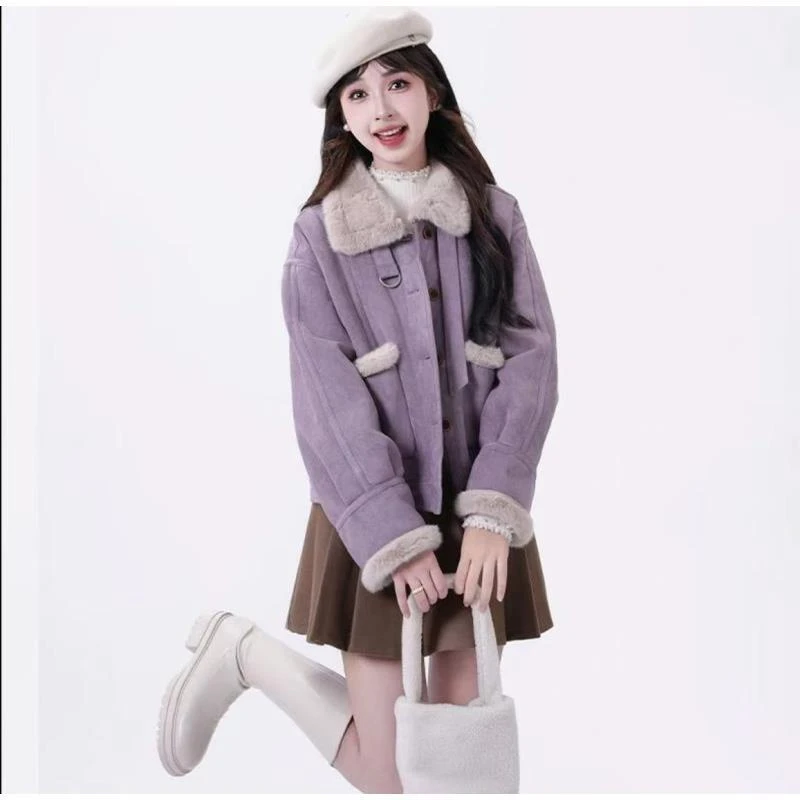韩系小清新加绒加厚秋冬短外套女新款立领设计感保暖上衣