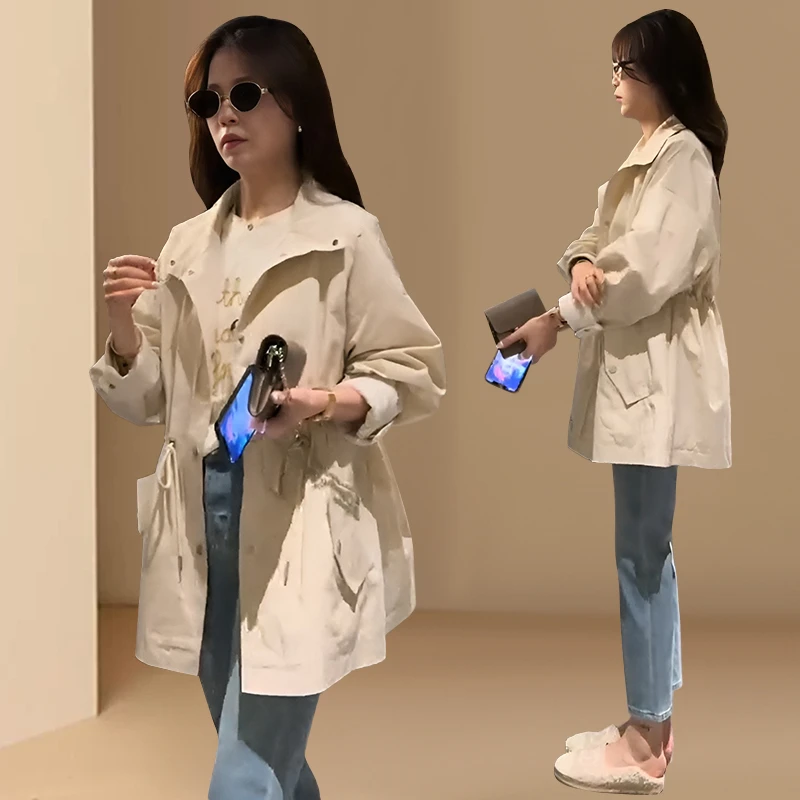 杏色宽松休闲韩版风衣外套女2025春秋新款时尚率性可收腰上衣潮