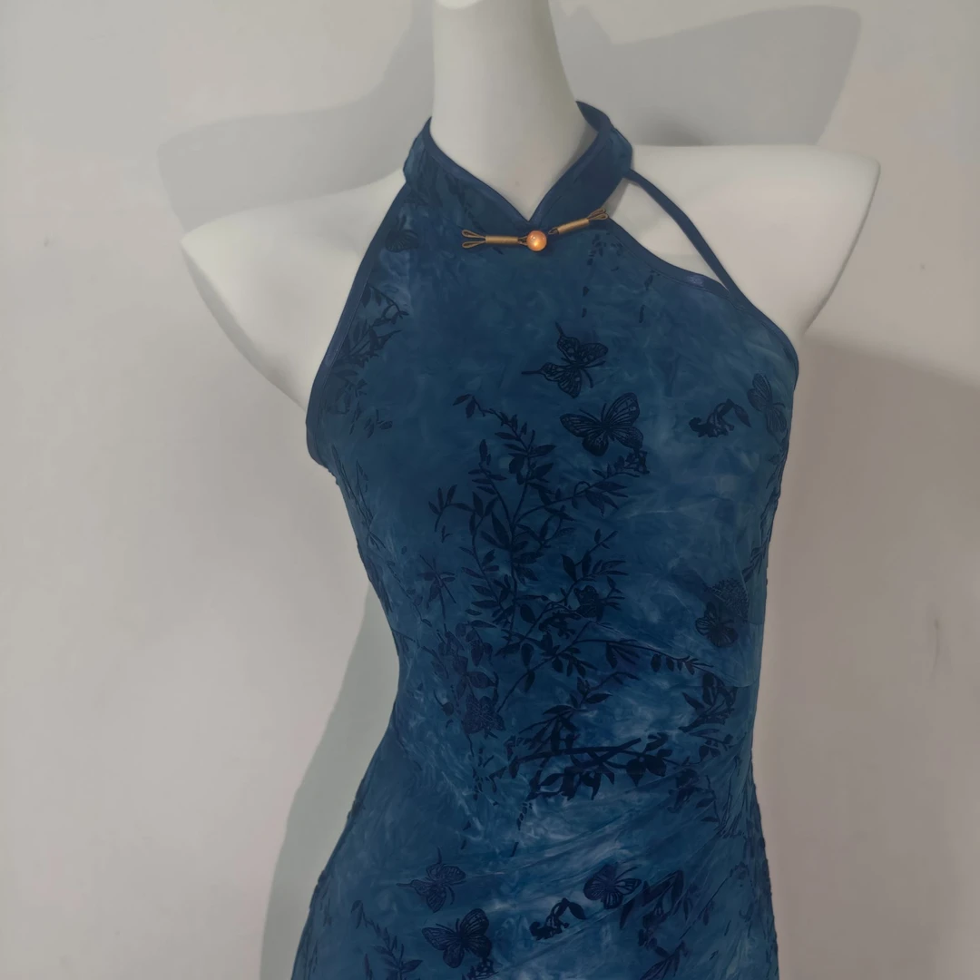 【竹韵蓝蝶】夏季新款挂脖修身显瘦日常百搭复古新中式旗袍衣长120