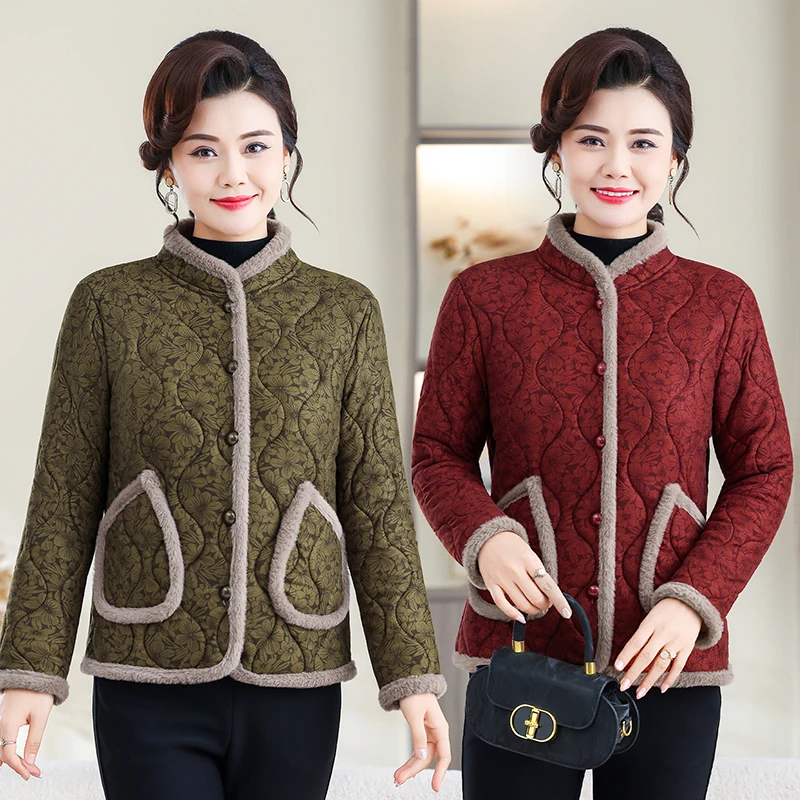 冬季妈妈装新款洋气棉衣中老年女装毛条棉服加绒加厚棉袄外套保暖