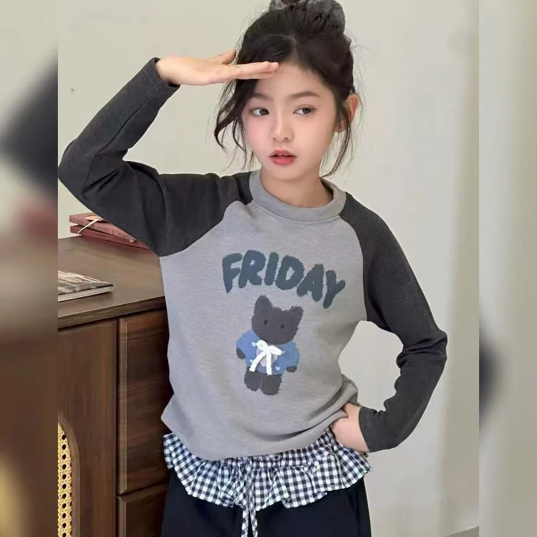 W2666儿童小熊T恤韩版简约秋季加绒上衣女童装6-12岁潮款高级感