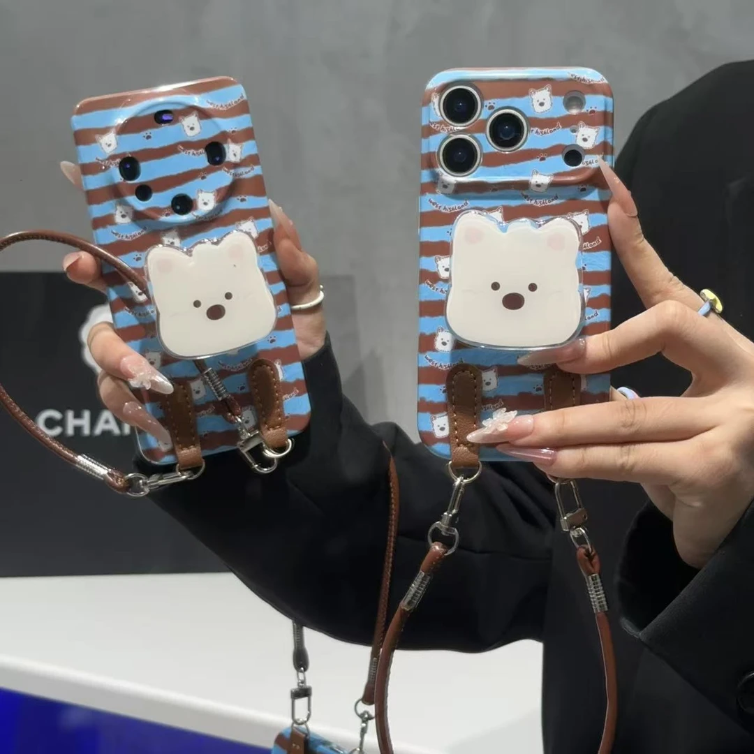 奥菲顿蓝棕小狗支架挂绳适用苹果17/16菲林手机壳华为vivoppo小米