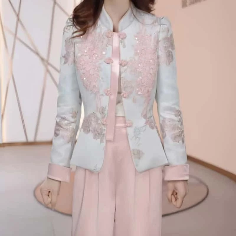 新中式国风刺绣印花2025春装新款显瘦收腰高端洋气上衣女装套装裤