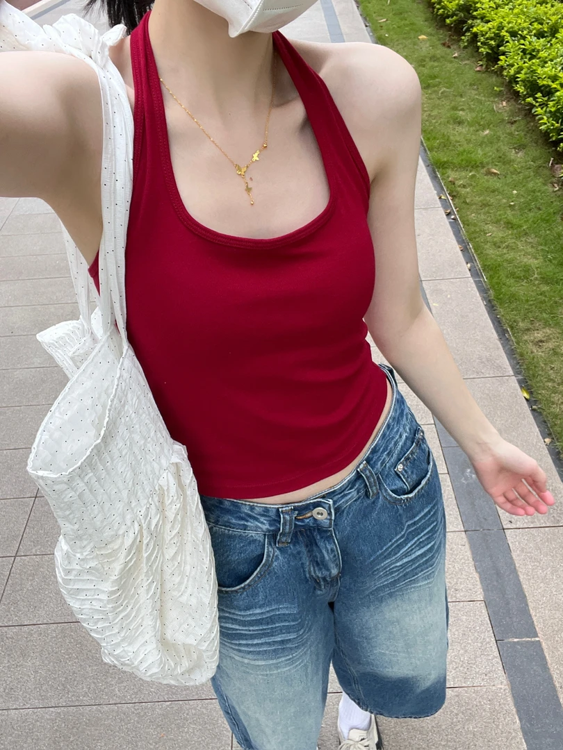 十六的衣衣挂脖吊带带胸垫棉质内搭背心辣妹吊带纯色修身004