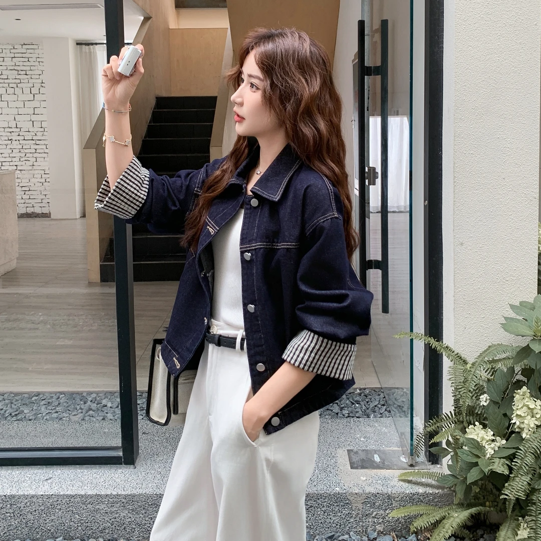 小个子撞色韩版宽松牛仔外套女显瘦水洗棉短外套复古休闲夹克短款