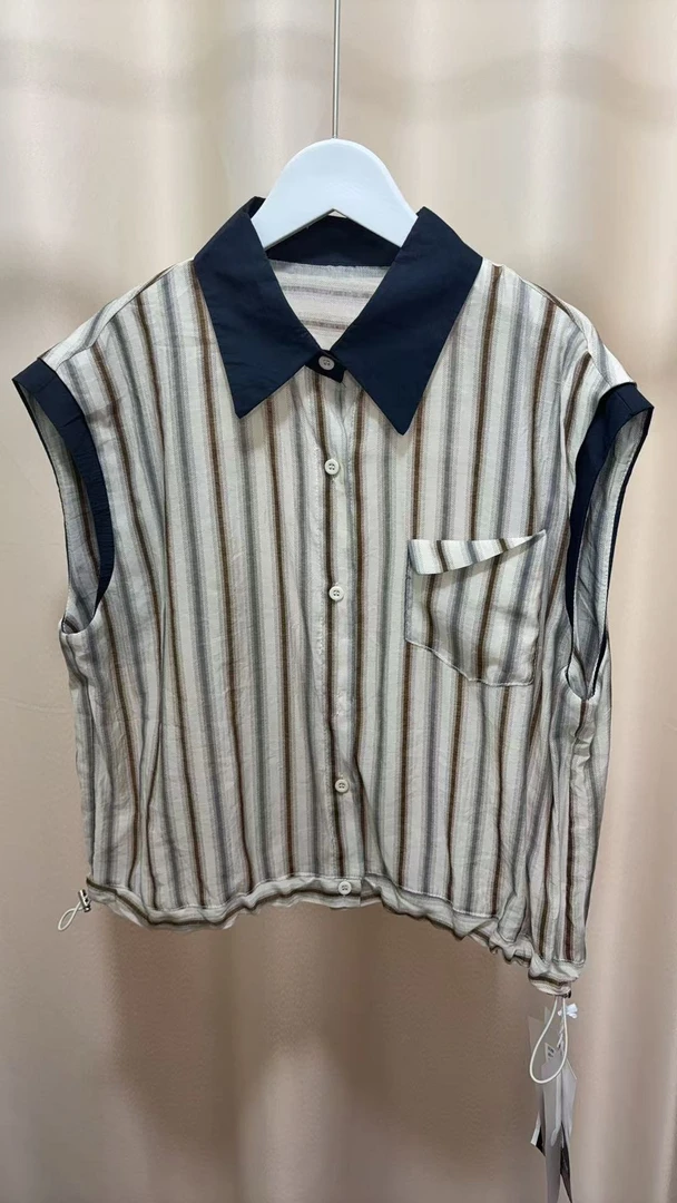 2025款女装高级无袖韩版衬衫上衣夏季设计感下摆抽绳小衫条纹百搭