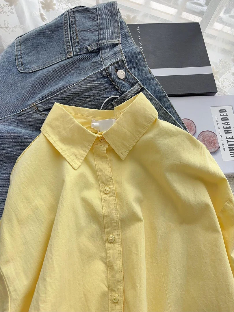 轻奢奶黄纯棉衬衫女士长袖新款别致宽松超好看上衣衬衣外套开衫潮