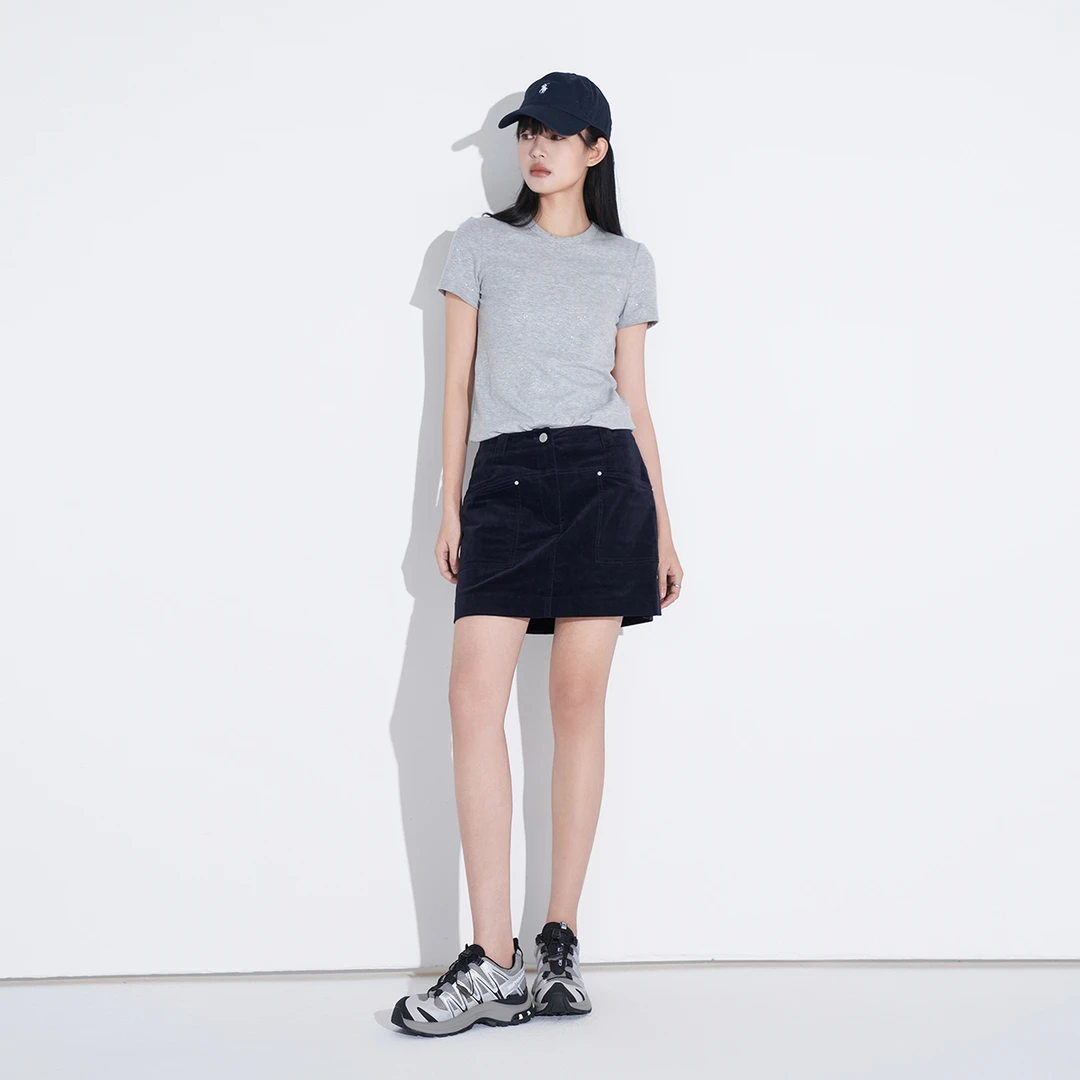 Moprobably李予诺「烫蓝」复古经典A字短款半身包臀短裙L4462305