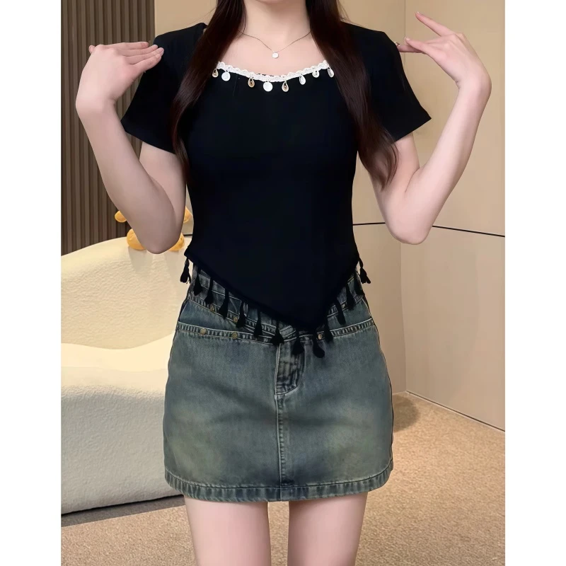不规则流苏方领短袖女t恤夏季2025新款独特超好看修身短款上衣女