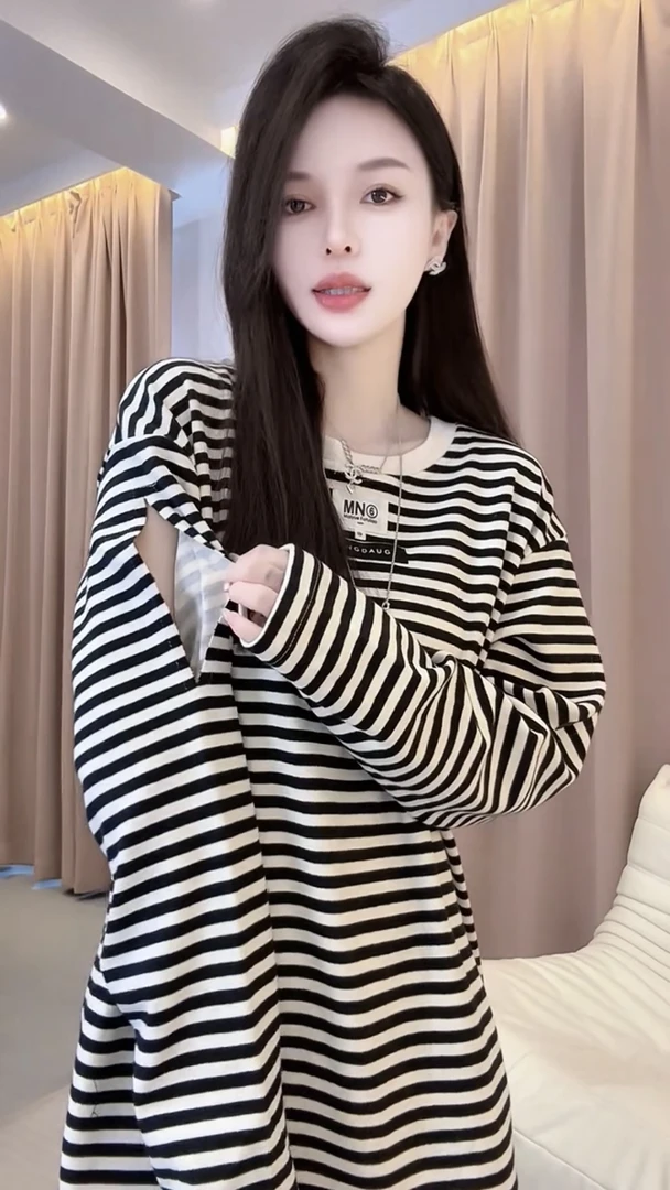 欧货圆领破洞中长款长袖T恤女2025早秋新款宽松显瘦百搭洋气上衣