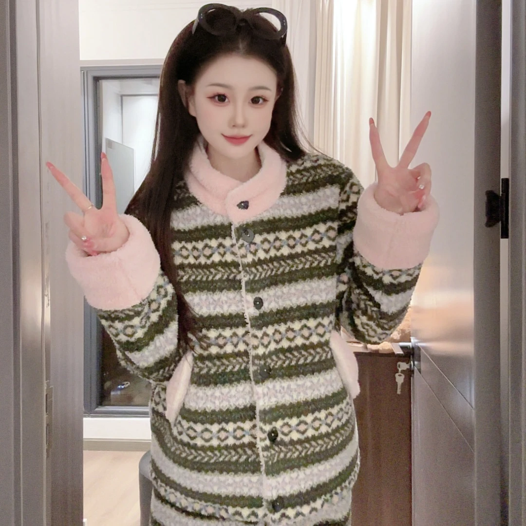 （费尔岛）冬季甜美加绒加厚保暖套装睡衣女休闲家居服可外穿毛茸茸
