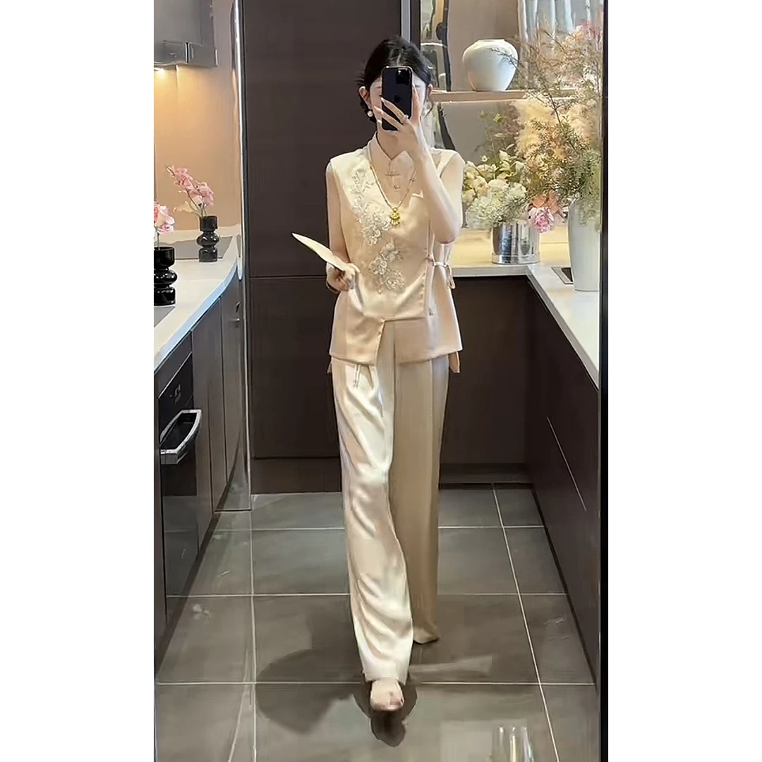 现货国风新中式套装夏季无袖上衣+长裤两件套2025新款